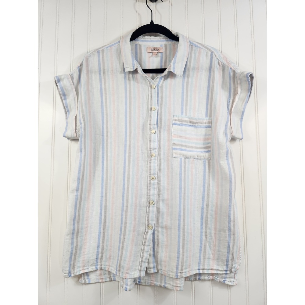 Per Se Womens Linen Cotton Striped Button Down Shirt Blue Pink White Large